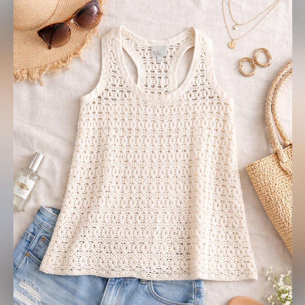 Wai Ming Cream Lace Cotton Tank Top Size Small 51964